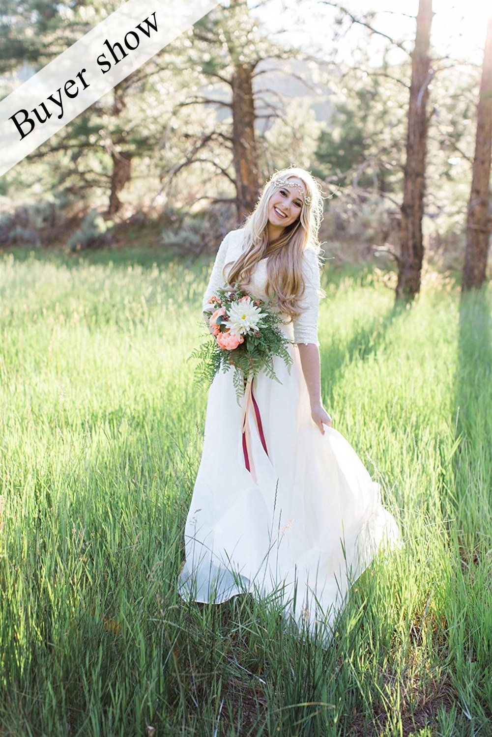 Elegant Modest Wedding Dress for Bride - V-Neck Long Sleeves Organza Gown with Floral Lace Appliques | Perfect for Church, Beach, and Garden Weddings