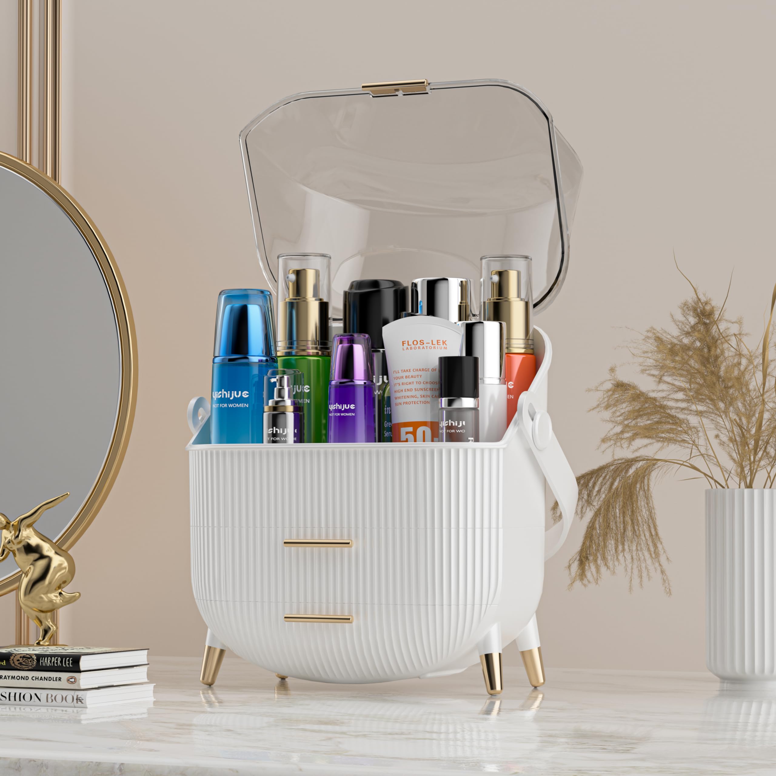 Oval Makeup Storage Box - Portable Vanity Cosmetics Organizer with Preppy Style for Countertop (White) | Perfect for Bedroom, Bathroom & Travel Beauty Organization
