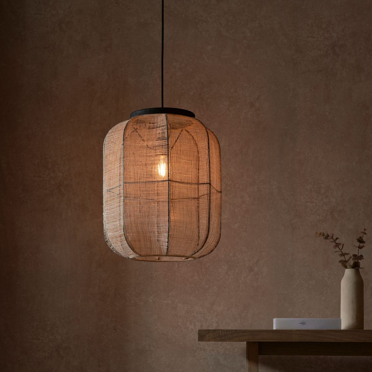 Handmade Wood and Linen Pendant Light Fixture - 1Lt Medium/Large Size - Perfect for Dining Room, Bedroom or Living Room Lighting