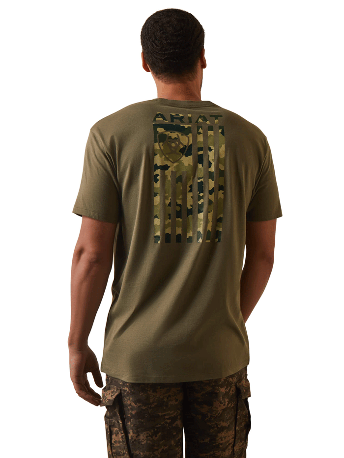 Ariat Men's Tonal Camo Flag T-Shirt - Military Heather Green Casual Tee for Outdoor Activities & Patriotic Events