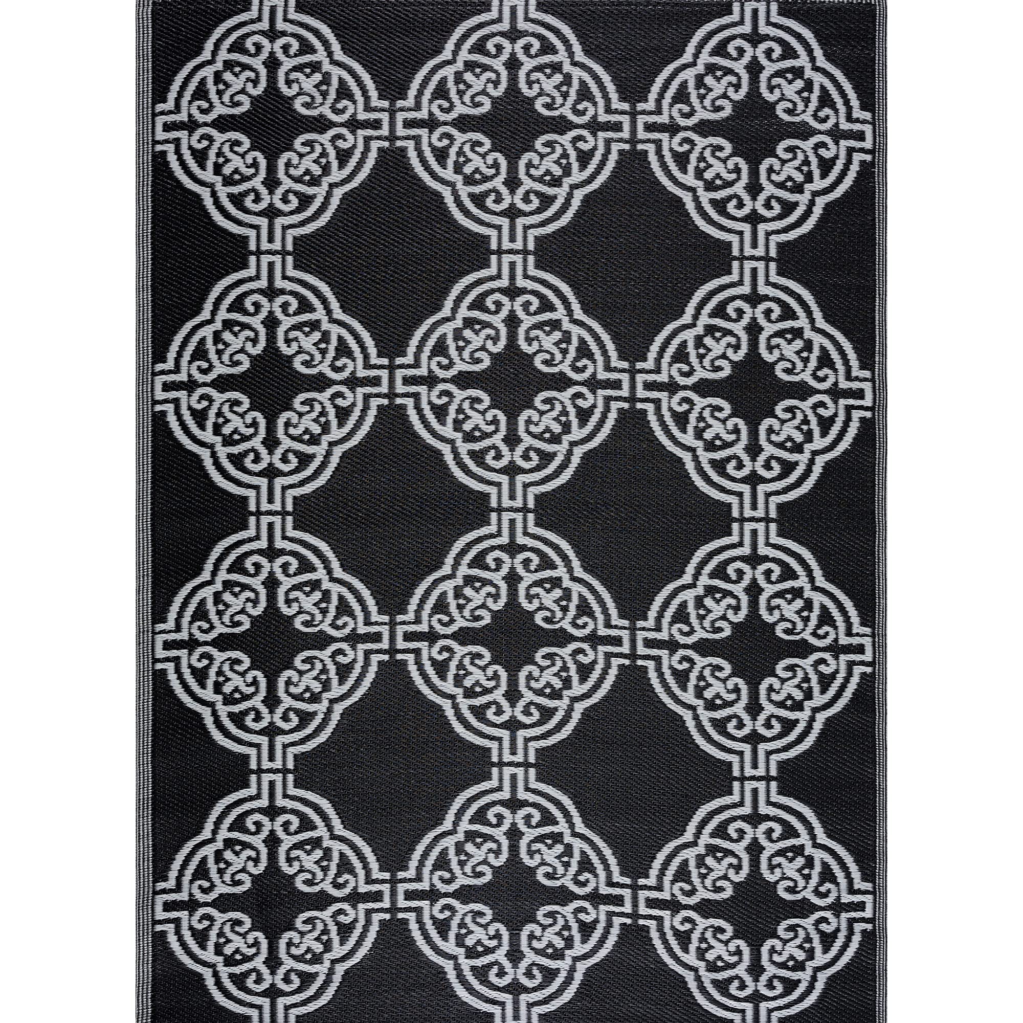 Eco-Friendly Reversible Indoor Outdoor Rug - Waterproof, Stain & Fade Resistant Recycled Plastic Mat - 6x9 Feet Black White Marrakech Design - Perfect for Patio, Deck, Poolside & High-Traffic Areas