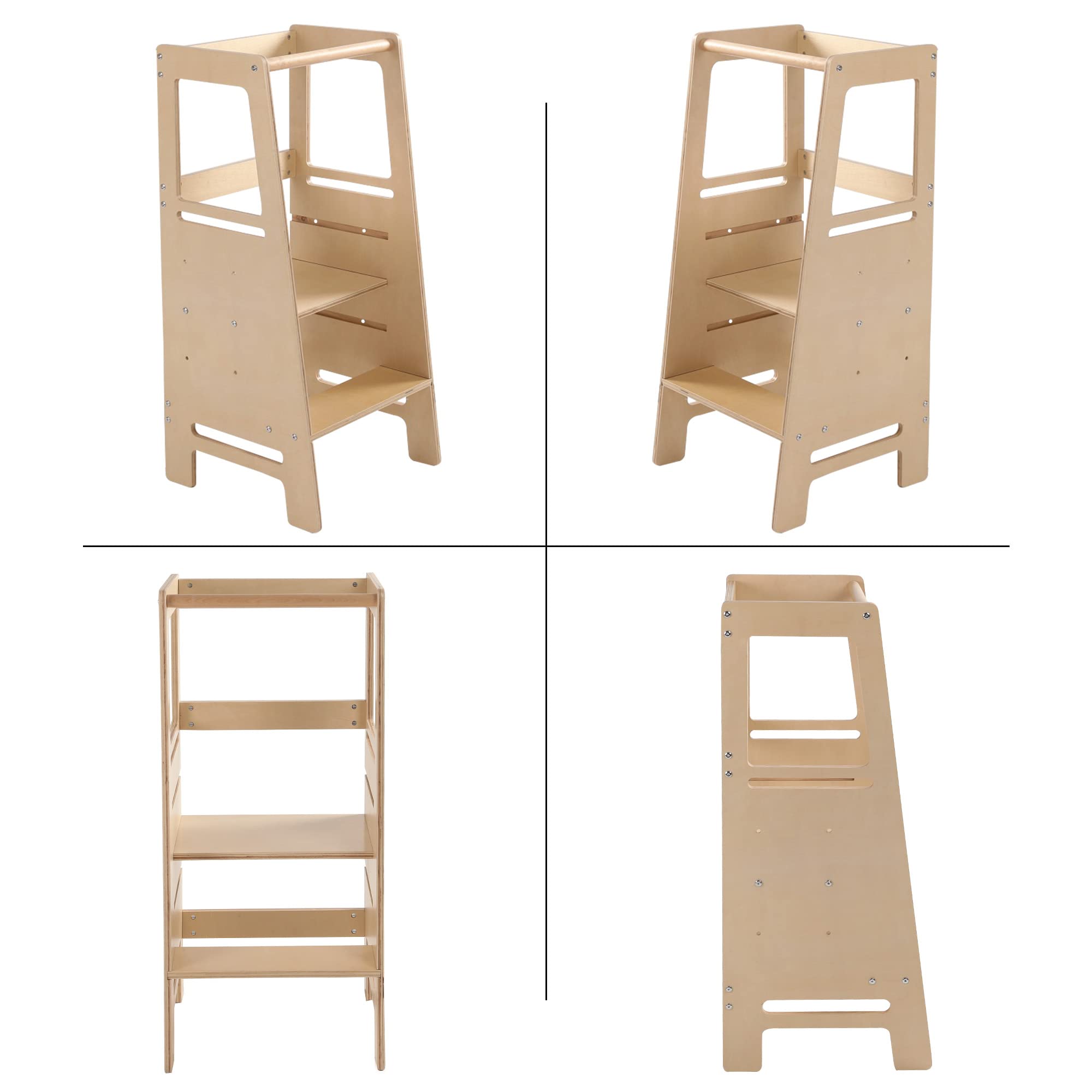 Solid Wood Adjustable Height Kids Step Stool with Safety Rail - Toddler Learning Tower for Kitchen Counter, Bathroom Sink, and Craft Table Helper