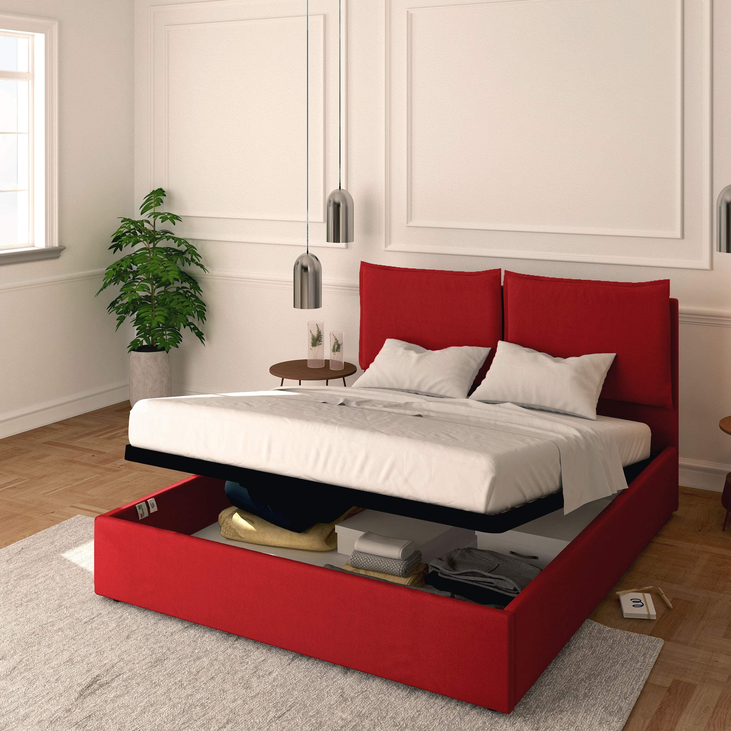 Baldiflex Licia Queen Size Storage Bed with Upholstered Headboard - Synthetic Leather, Slatted Base for 140x190cm Mattress, Red - Perfect for Modern Bedrooms & Guest Rooms