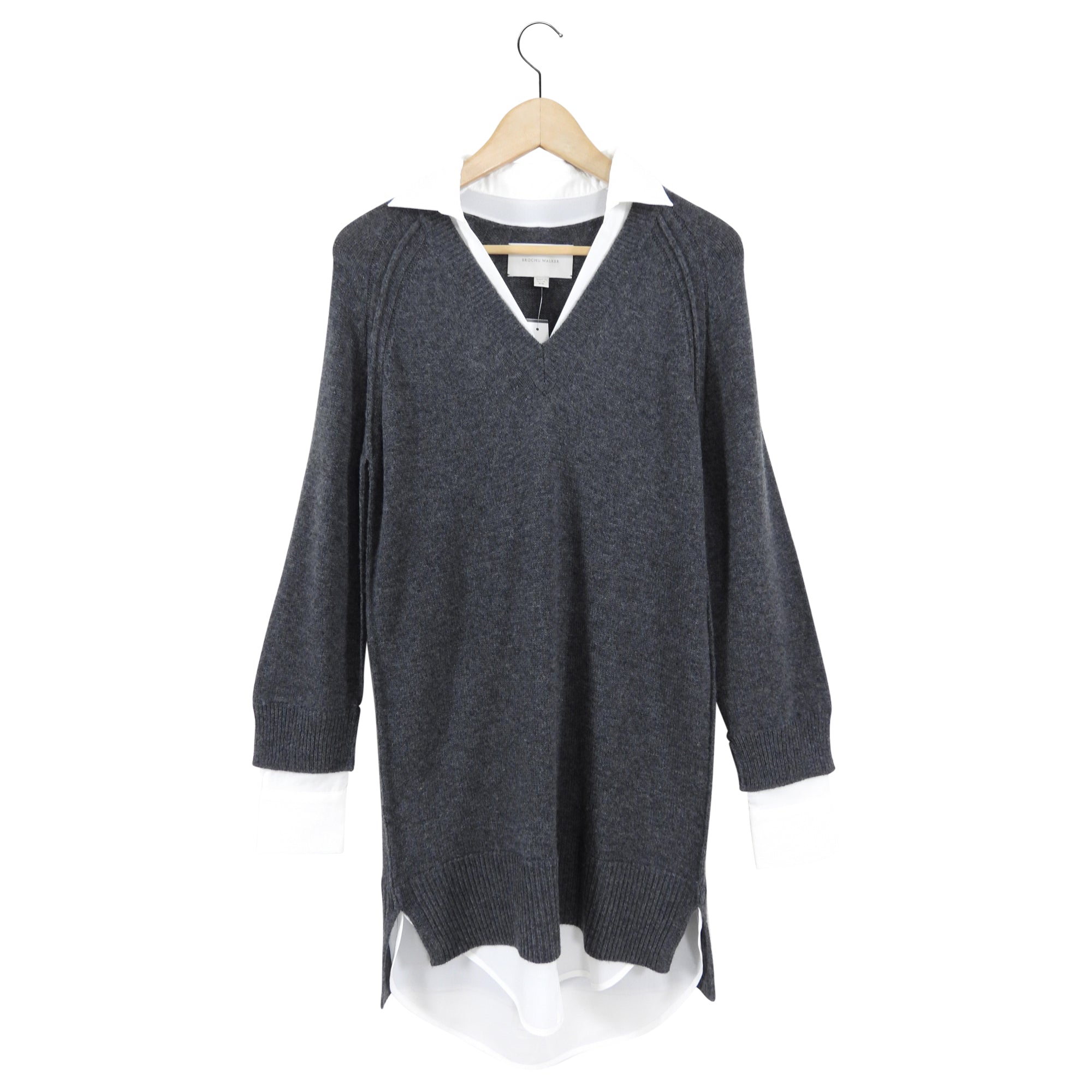 Brochu Walker Grey Knit Layered V-Neck Dress for Women XS - Perfect for Office Wear, Date Night & Casual Outings