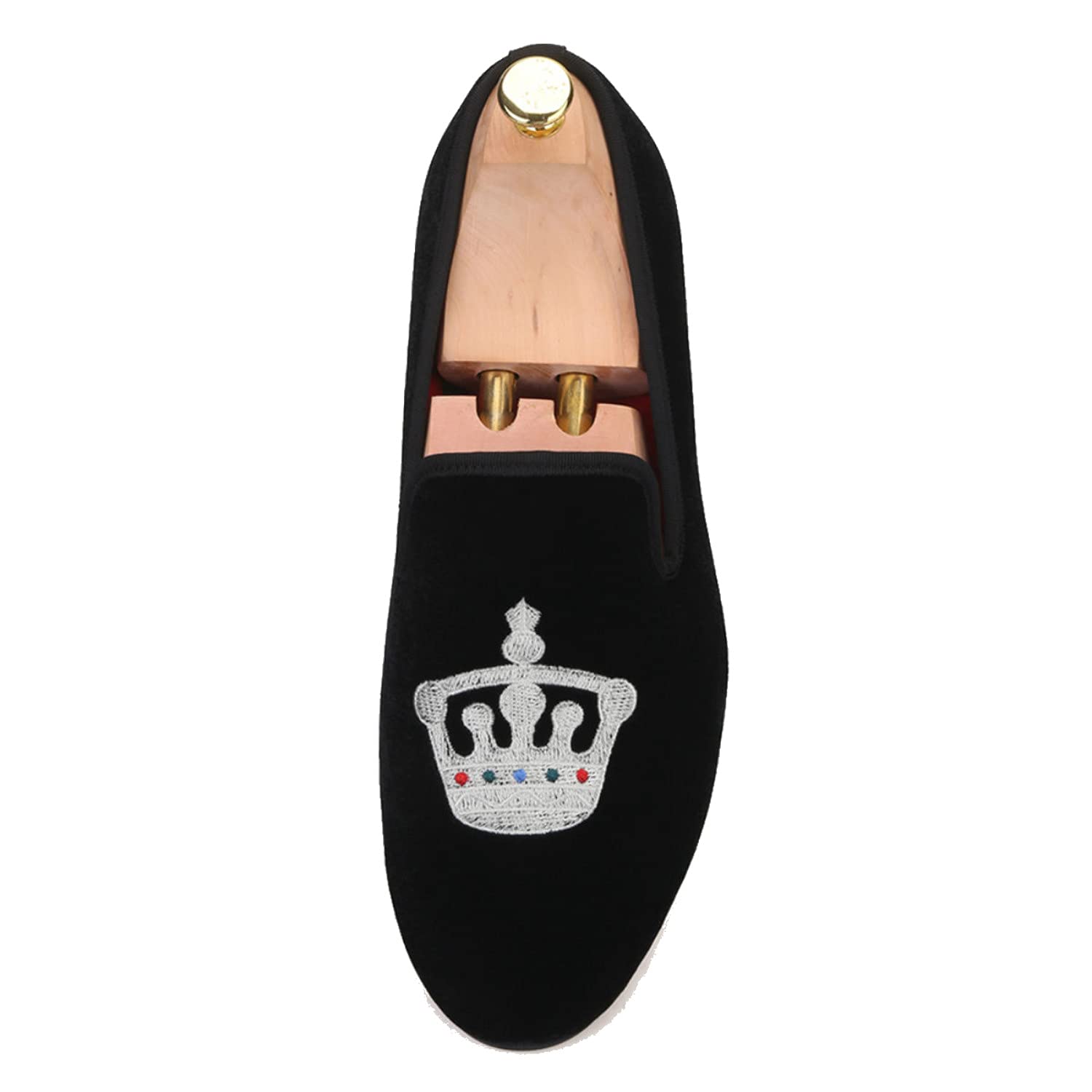 FERUCCI Handmade Men's Black Velvet Loafers with Silver Crown - Comfortable Formal Slippers for Wedding, Prom, Party & Evening Events - Luxury Velvet Dress Shoes for Groomsmen & Special Occasions