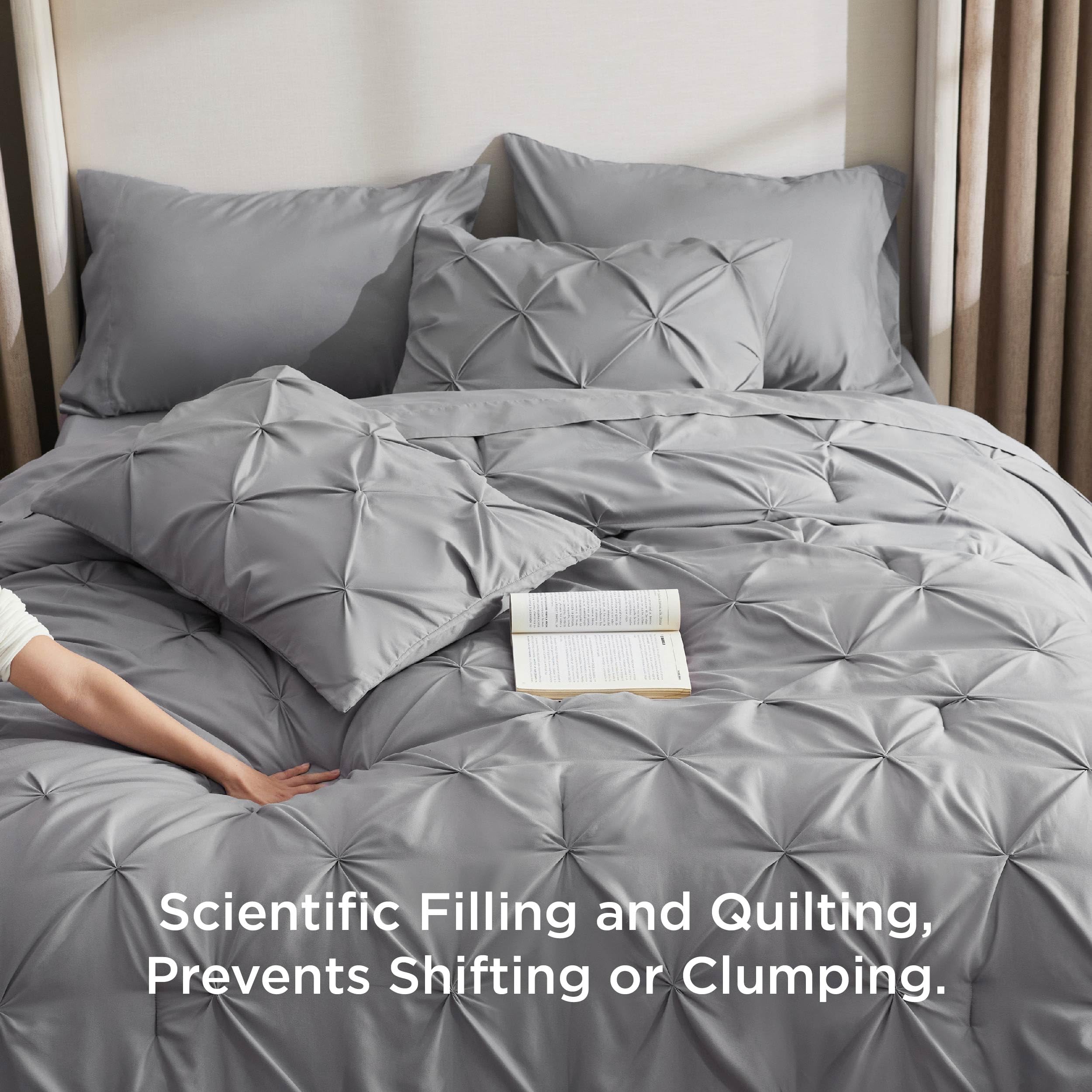 Bedsure King Size Comforter Set - 7 Piece Pintuck Bedding Set with Comforter, Sheets, Pillowcases & Shams in Grey | Luxury Bed in a Bag for Master Bedroom & Guest Room Decor