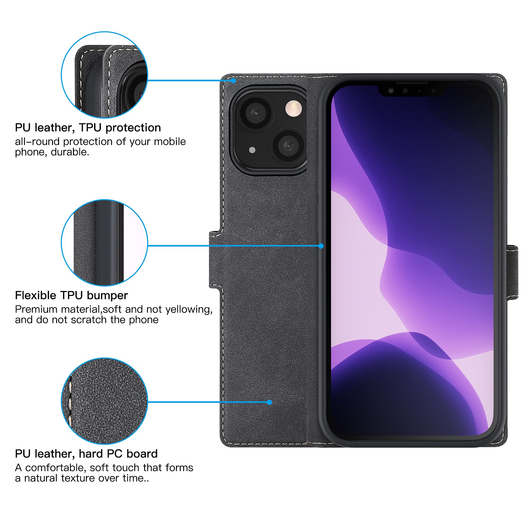 Feitenn iPhone 13 Case 6.1 Inch (2021) - Premium PU Leather Slim Folio Cover with Hard Plastic Bumper | Shockproof & Durable Protective Case for iPhone 13 | Perfect for Work, Travel & Everyday Use (Black)