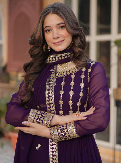 Elegant Purple Embroidery Zari Sequin Anarkali Gown with Dupatta Set - Indian Party Wear for Weddings, Festivals & Special Occasions
