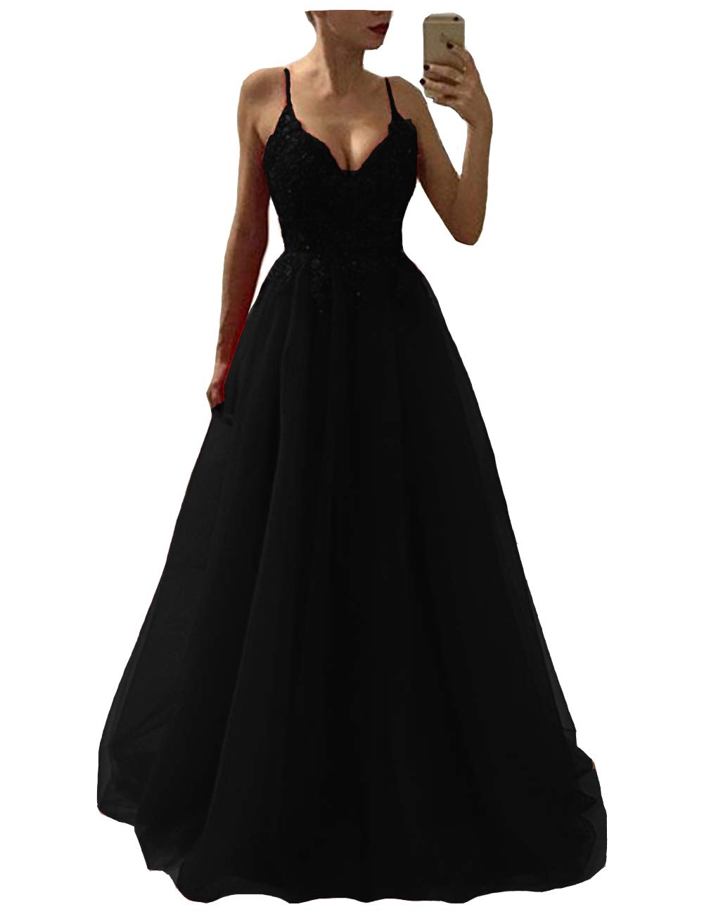 Lemai Women's V-Neck Spaghetti Strap Tulle Beaded Lace Long Evening Prom Dress - Elegant Formal Gown for Homecoming, Wedding Guest & Special Occasions