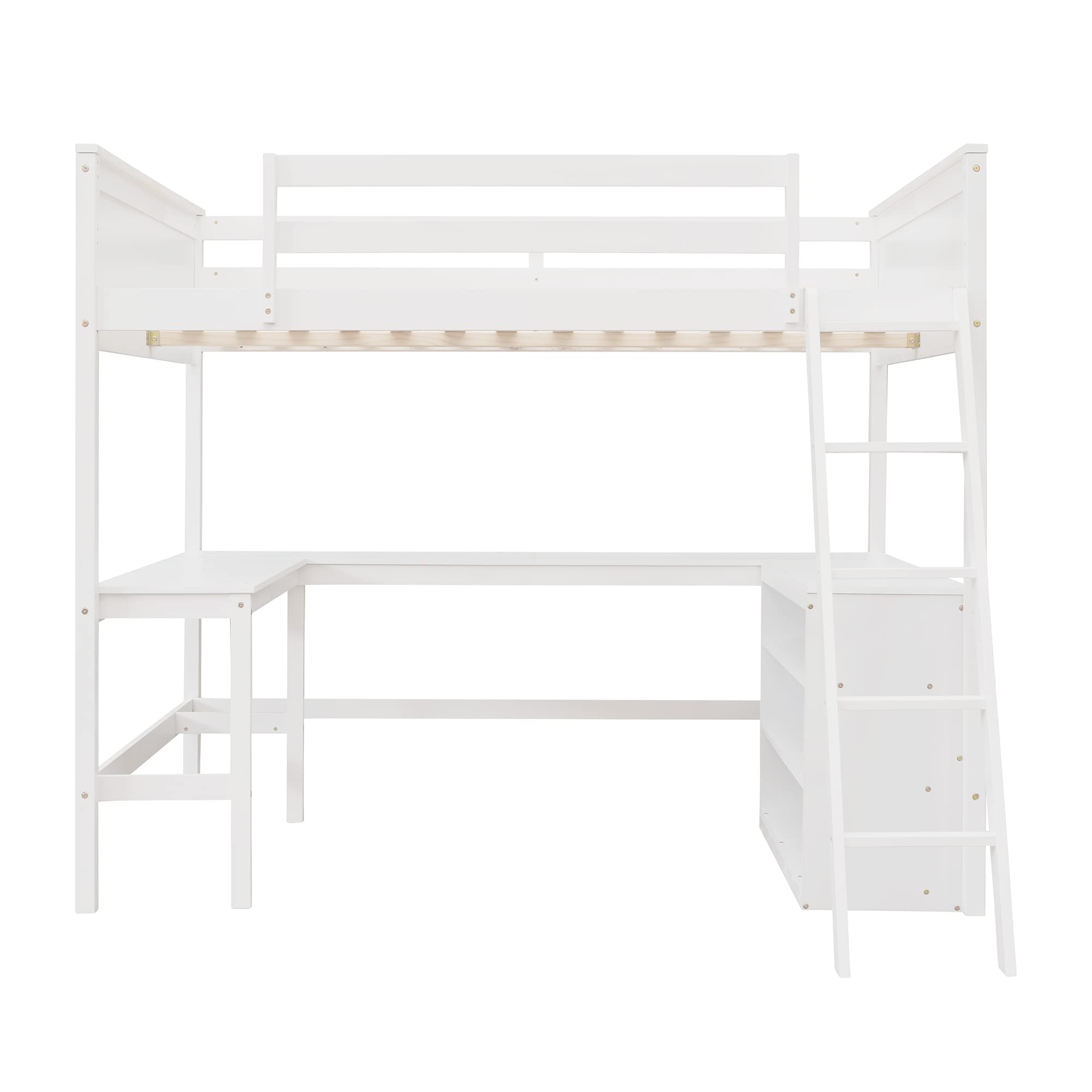 P PURLOVE Full Size Wooden Loft Bed with Long Study Desk & Shelves - Sturdy High Loft Bed for Kids & Teens - Perfect for Small Bedrooms, Dorm Rooms & Studio Apartments (Space-Saving Furniture for Study & Sleep)