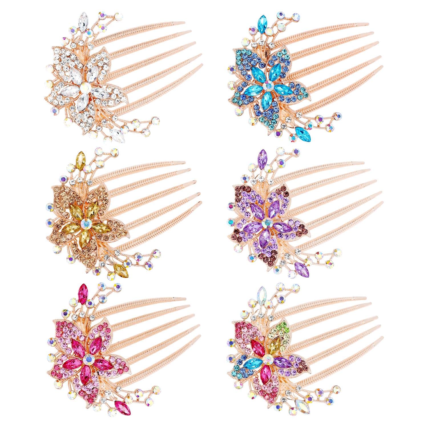 Luxury 6 Pack Glitter Rhinestone Hair Clips with Teeth - Gold Metal Crystal Flower Hairpins for Women & Girls - Perfect for Weddings, Parties, and Updos