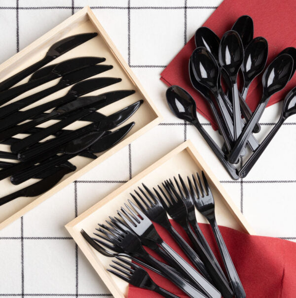 Premium Black Plastic Cutlery Set - 50-Piece Disposable Flatware Kit for Parties, Picnics & Catering | Durable & Elegant Basic Cutlery Collection