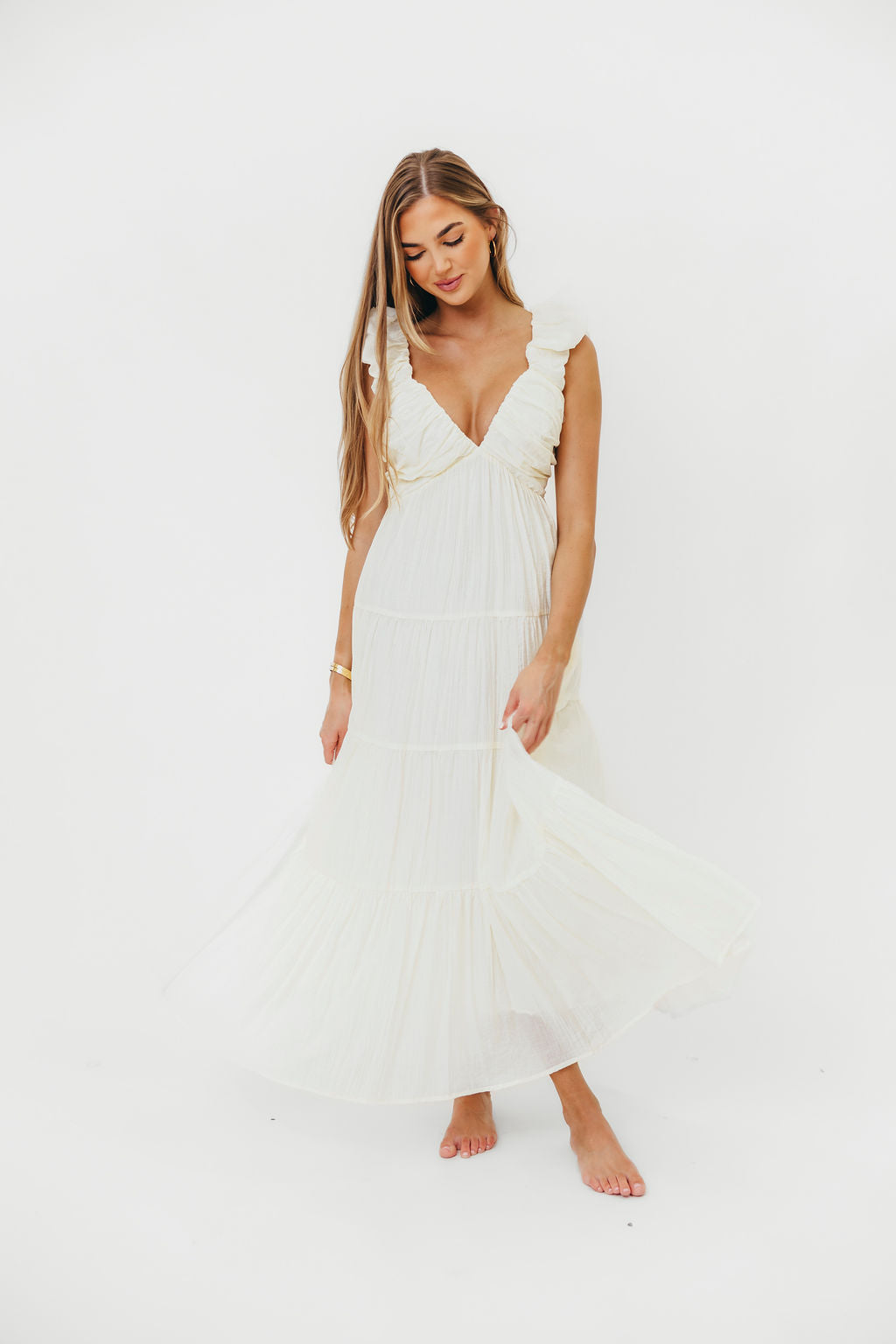 Katy Pleated Bodice Midi Dress in Cream | Bump Friendly Maternity Dress | Perfect for Baby Showers, Weddings & Special Occasions