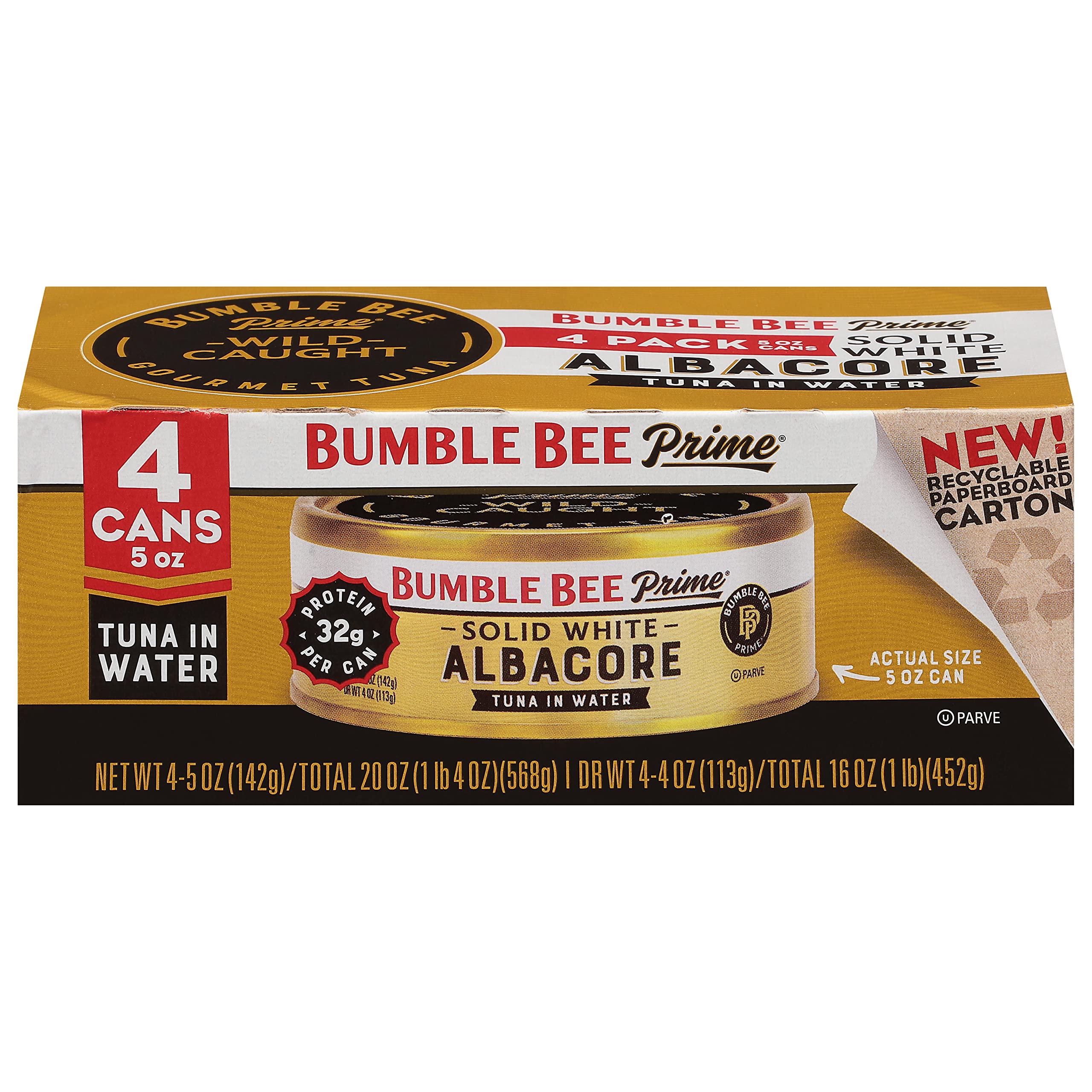 Bumble Bee Prime Solid White Albacore Tuna in Water, 5 oz Cans (Pack of 4) - Wild Caught, High Protein Tuna (32g per Serving) - Non-GMO, Gluten Free, Kosher Certified - Perfect for Salads, Sandwiches & Meal Prep