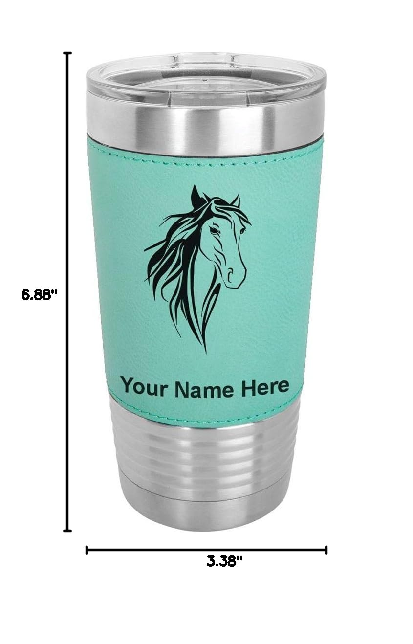 LaserGram 20oz Vacuum Insulated Stainless Steel Tumbler with Horse Head Design - Personalized Engraving, Faux Leather Handle, Teal Color - Perfect for Coffee, Tea & Cold Drinks at Home, Office or Travel