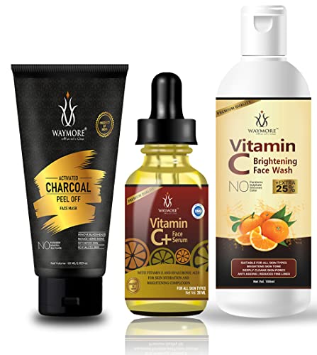 Waymore Vitamin C Face Wash 100ml + Vitamin C Serum 30ml + Charcoal Face Mask 60g - Acne Treatment, Skin Brightening & Blackhead Removal Combo Pack for Clear, Smooth Skin | Daily Skincare Routine for Oily & Combination Skin Types