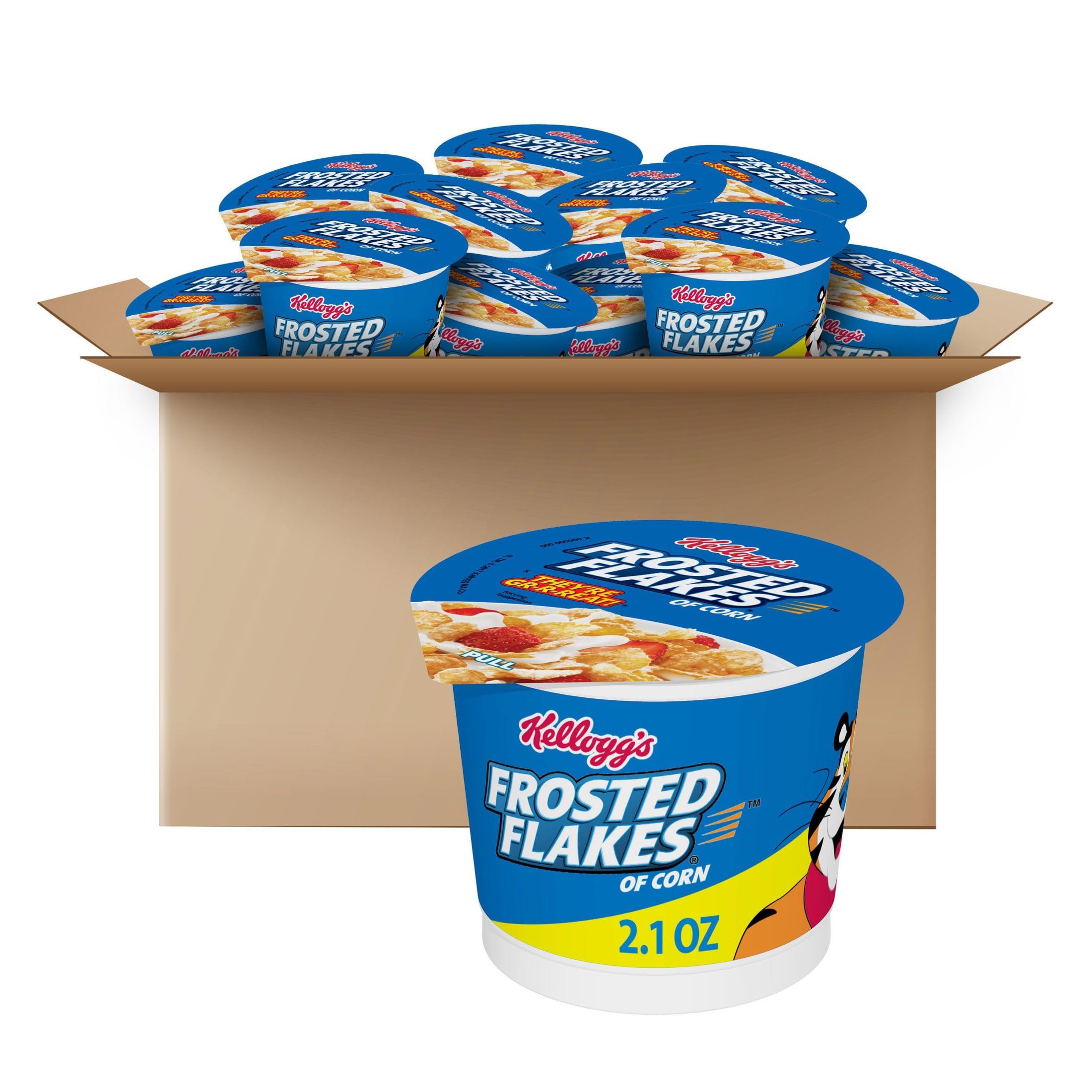 Kellogg's Frosted Flakes Breakfast Cereal Cups - 25.2oz Case (12 Cups) | Kids Snack with 8 Vitamins & Minerals | Great for School Lunches, Quick Breakfast & On-the-Go Snacking