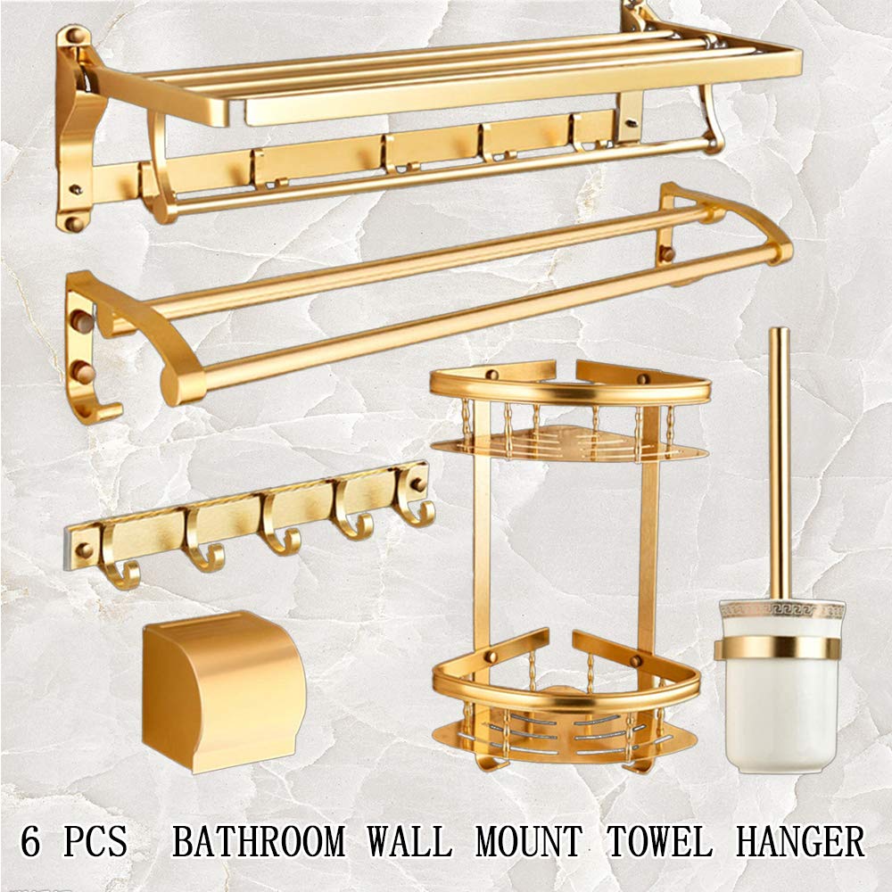 6Pcs Aluminum Bathroom Hardware Set - Wall Mount Towel Rack, Double Towel Holder, Hooks, Toilet Brush & Roll Tray | Modern Bathroom Organization for Home, Apartment & Hotel Use