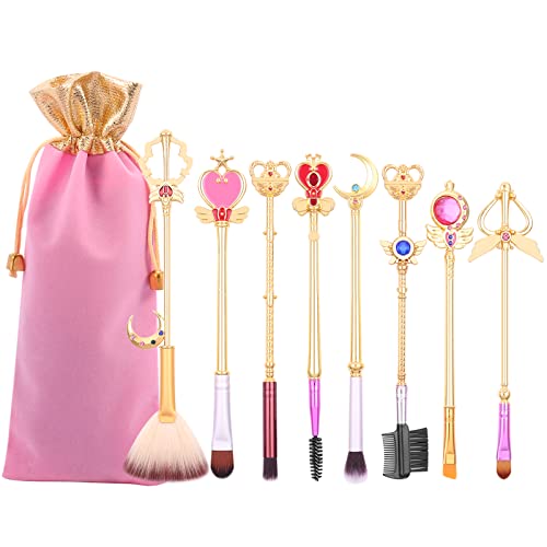 Sailor Moon Makeup Brush Set - 8 Piece Professional Cosmetic Brush Kit with Pink Drawstring Bag (Princess Gold) | Perfect for Anime Fans, Cosplay & Everyday Makeup Application