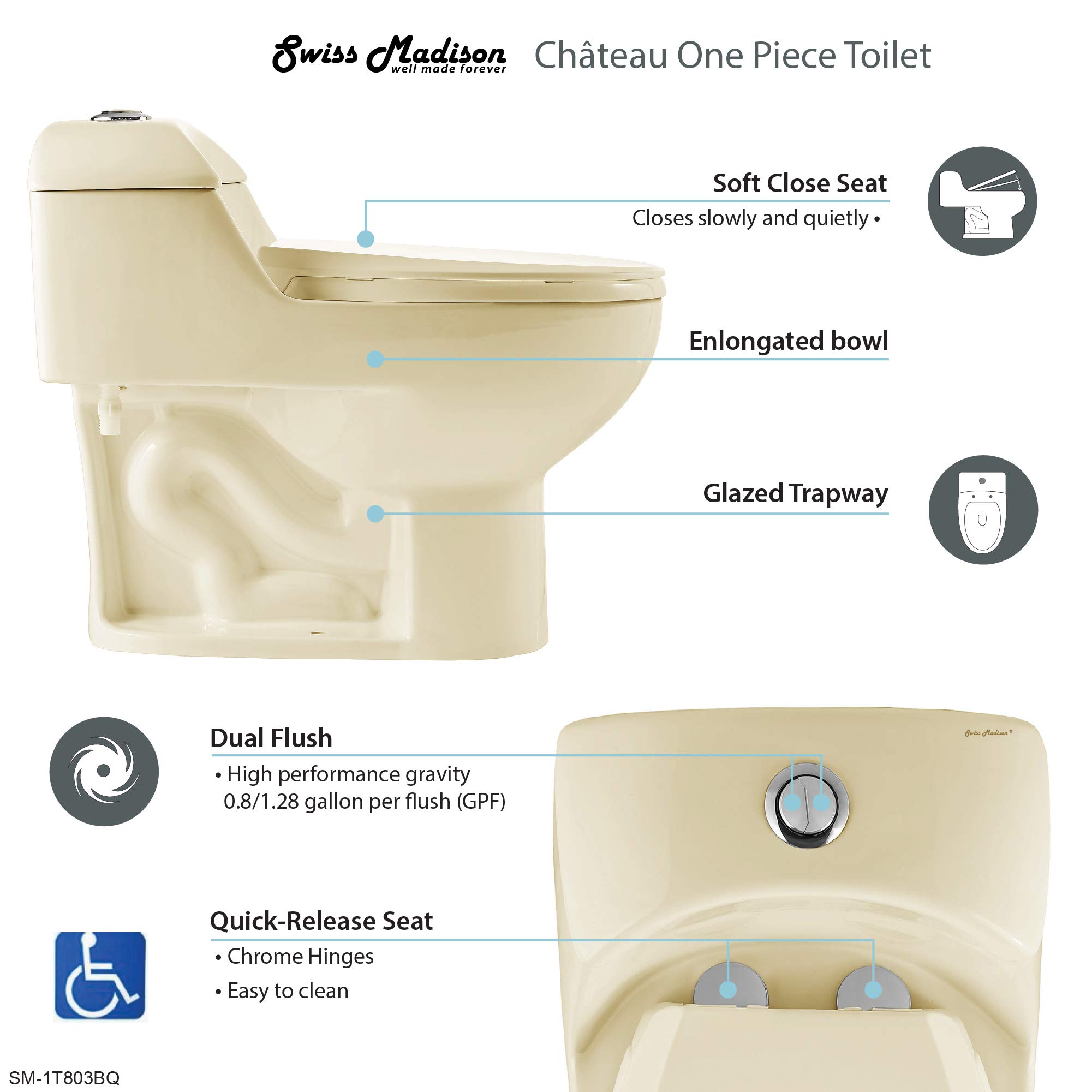 Swiss Madison SM-1T803BQ Chateau One Piece Elongated Dual Flush Toilet 0.8/1.28 GPF - Water Efficient Bisque Toilet for Modern Bathrooms | Perfect for Home Renovation & Small Bathroom Spaces