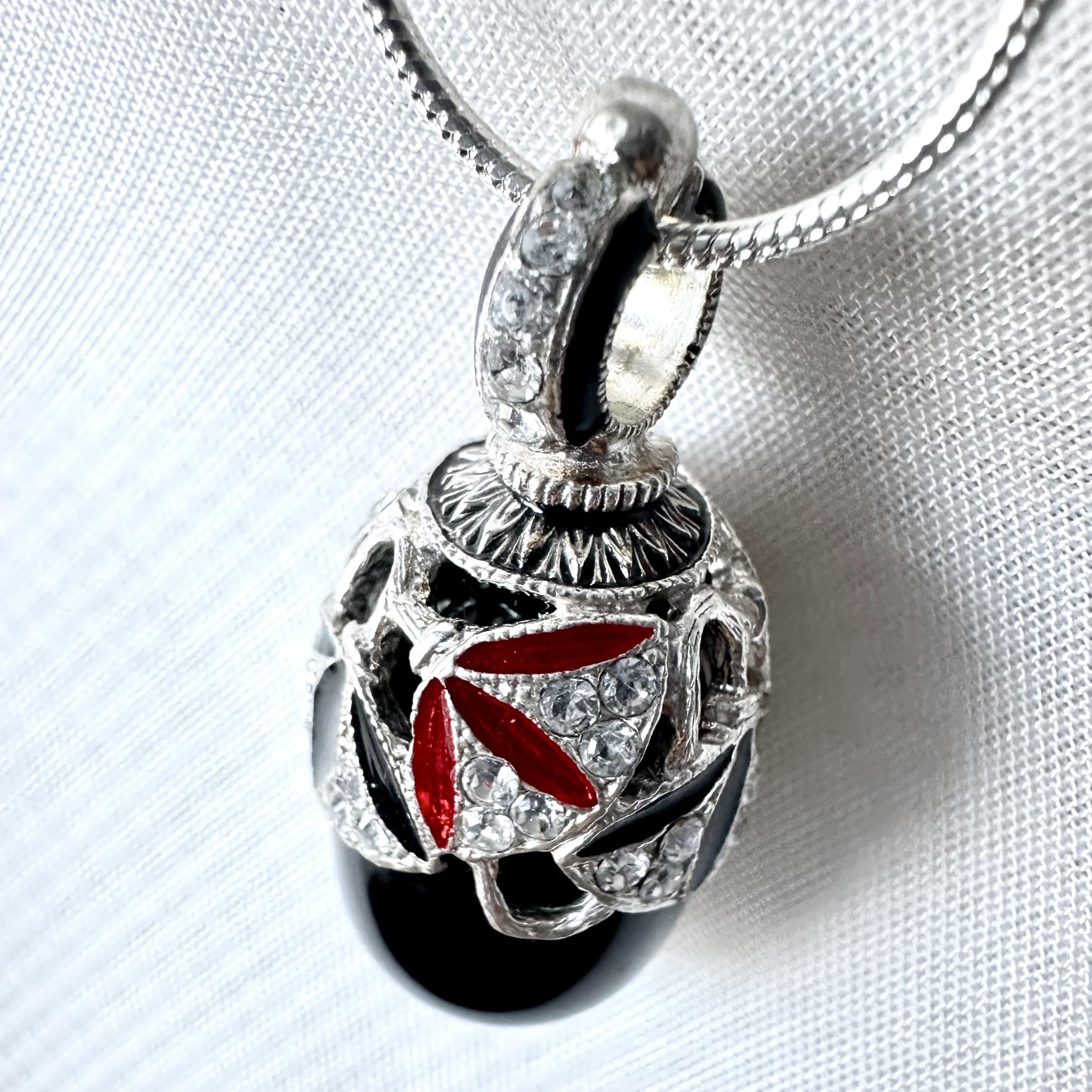 Elegant Sterling Silver Black Onyx Necklace with Egg Pendant & Crystal Enamel - 24 Inch Chain for Women | Perfect for Gifts, Parties & Special Occasions