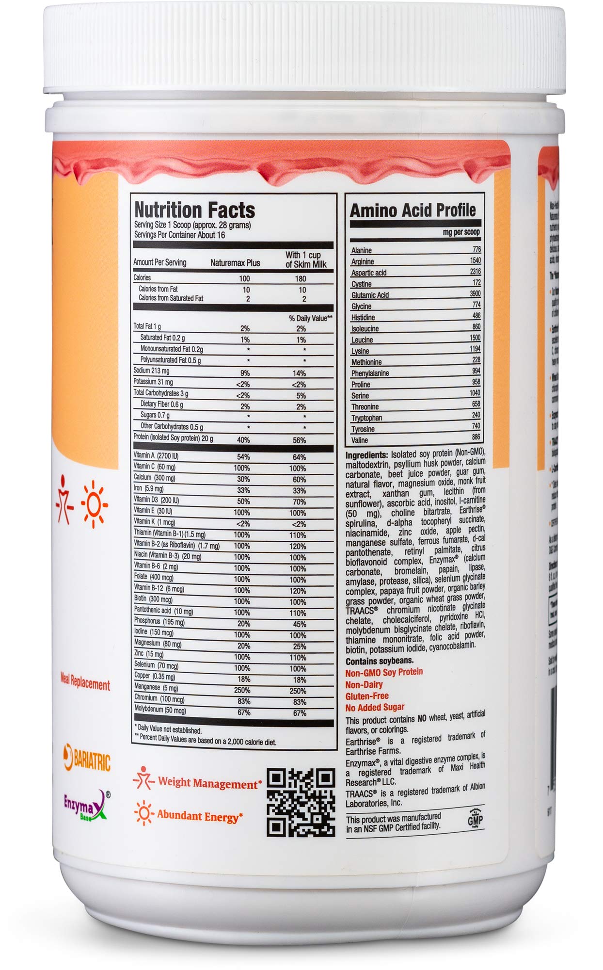 Maxi-Health NatureMAX PlusTM Energy Support Drink Soy Protein Powder - Sugar Free, 20g Protein Per Serving, Natural Strawberry Flavor, Kosher & Vegan Friendly - 1lb for Post-Workout Recovery & Healthy Lifestyle