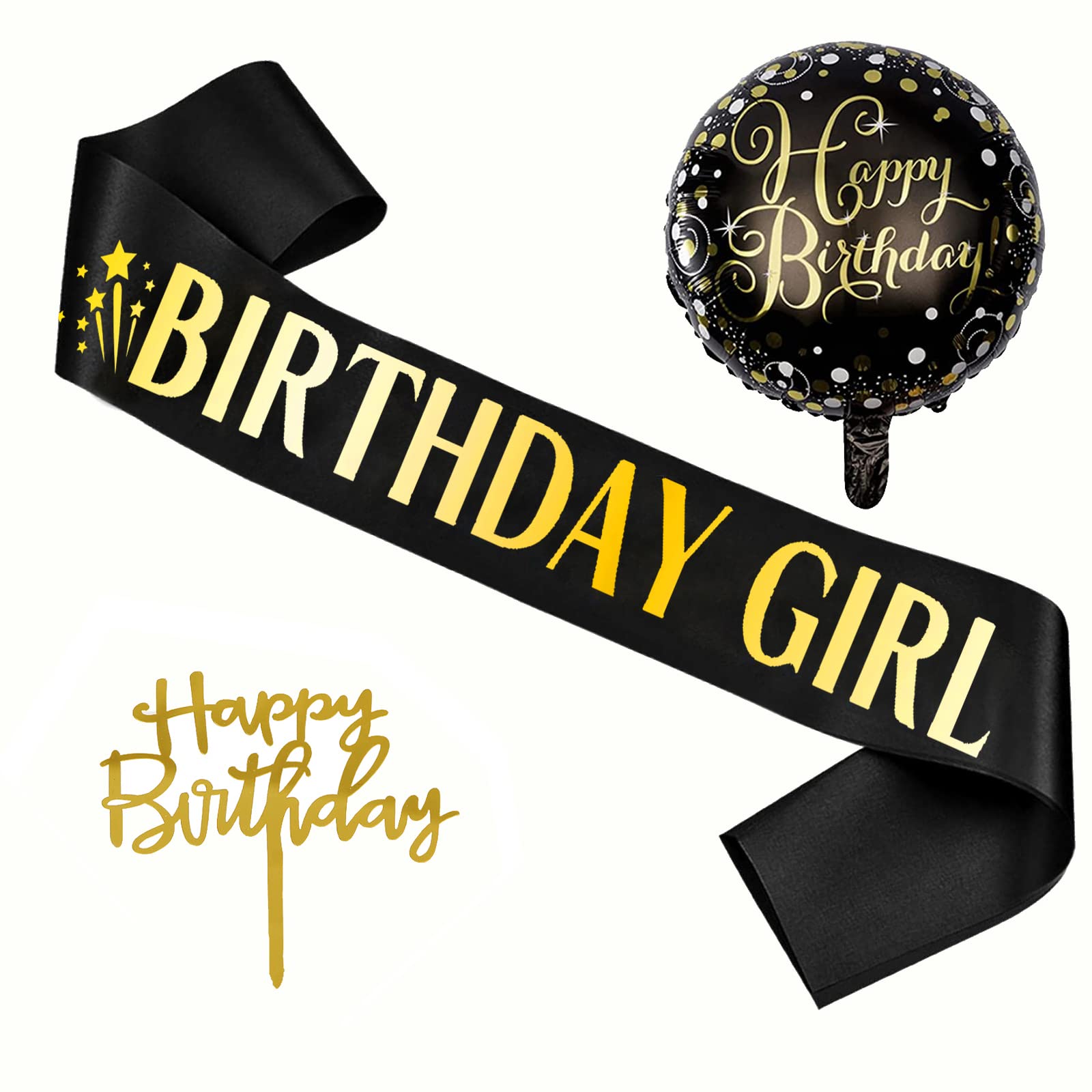 3 Pack Birthday Girl Sash with Gold Cake Topper & Balloons - Black Birthday Party Decorations for Girls | Perfect for Birthday Celebrations, Bachelorette Parties & Special Occasions