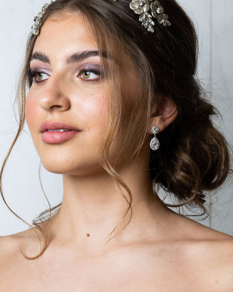 Gabriela by Johnny B at Kezani - Elegant Small Pear Drop Halo Wedding Earrings for Brides, Bridesmaids & Formal Occasions