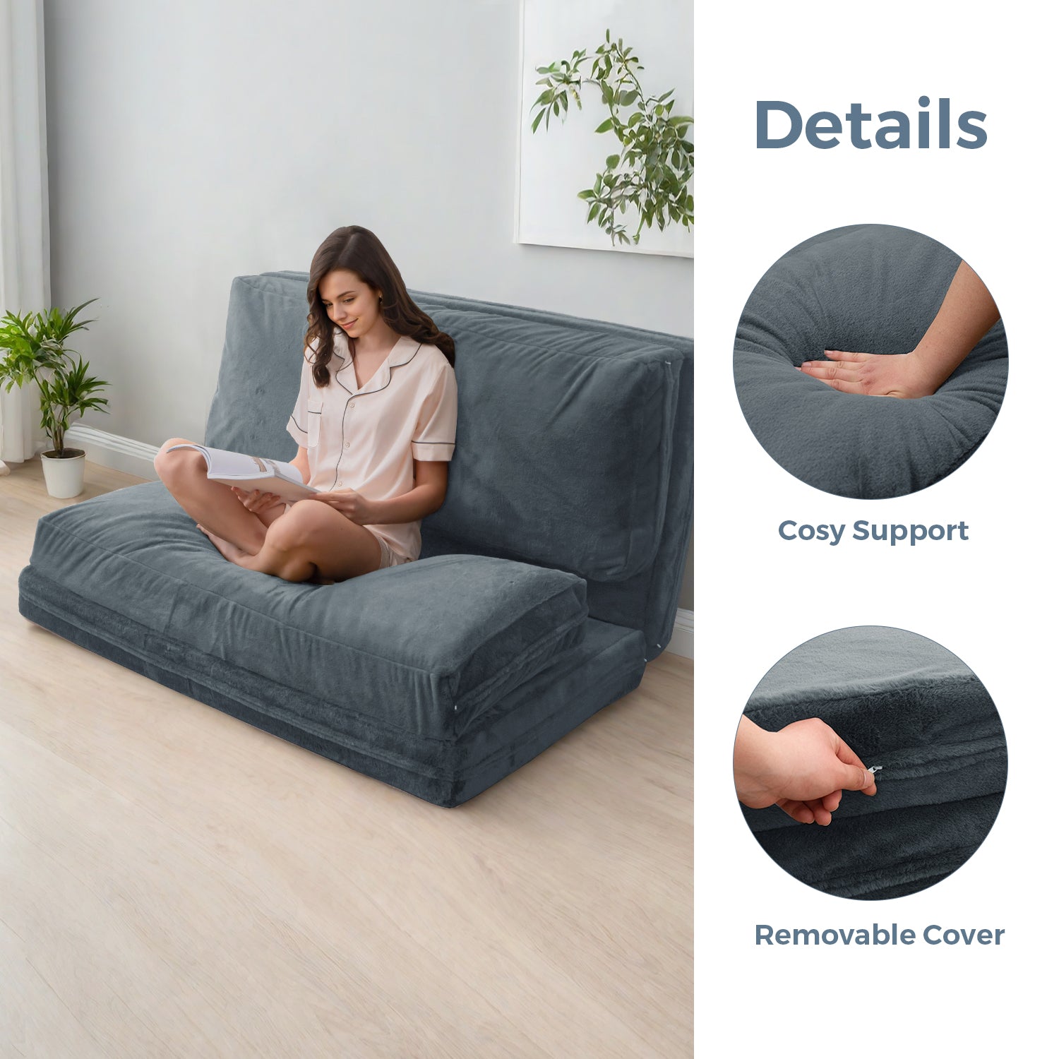 MAXYOYO Foldable Bean Bag Sofa Bed - Extra Thick Multi-Functional Floor Lounger with Washable Faux Fur Cover in Dusty Blue | Perfect for Living Rooms, Dorms, Game Rooms & Relaxation Spaces