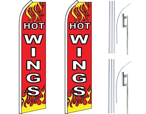 2 Pack Swooper Flutter Feather Flags with 2 Poles & Ground Spikes - Hot Wings Flames Design in Red, White & Yellow for Outdoor Advertising, Sports Events, and Business Promotion