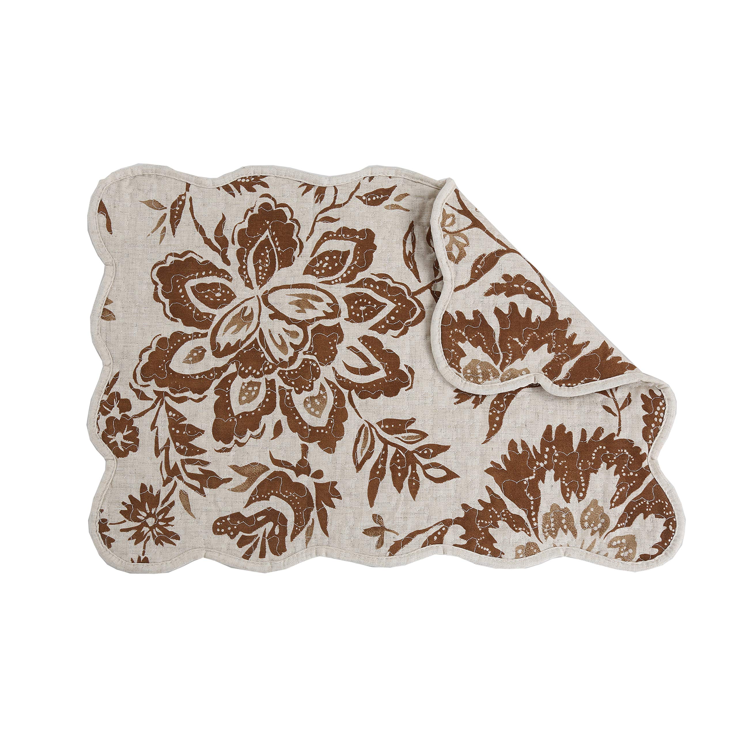Premium Quilted Linen Cotton Placemats Set of 4 - Chocolate Flower Design for Dining Table Decor | Elegant Table Setting for Thanksgiving, Christmas & Everyday Use