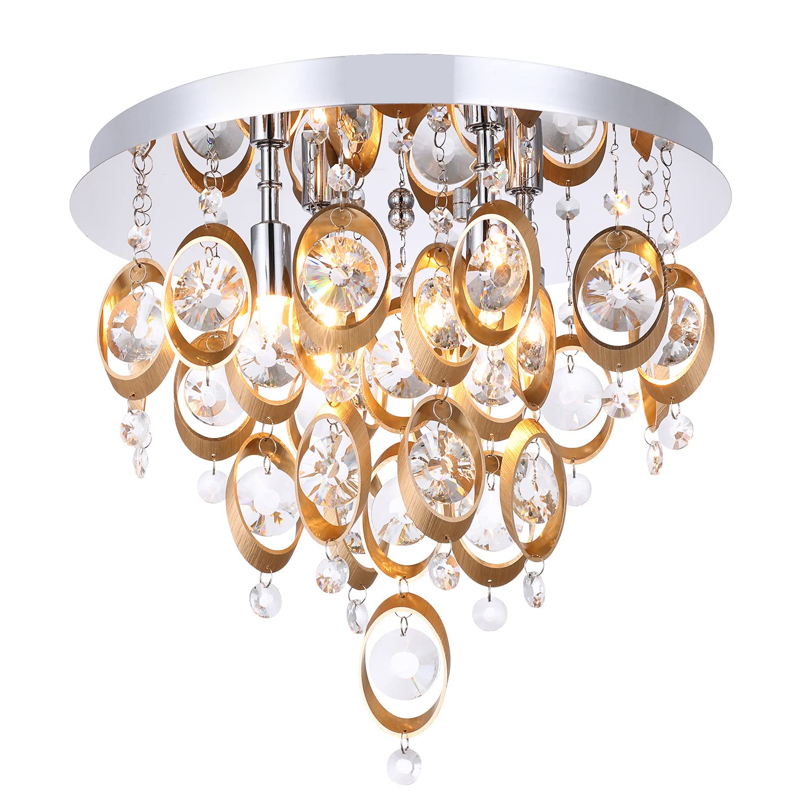 Luxury Golden Copper 4-Light Flush Mount Crystal Chandelier with K9 Raindrop Crystals - Modern Ceiling Light Fixture for Bedroom, Hallway, Dining Room (G9 Bulbs Not Included) | Elegant Home Lighting for Weddings, Hotels & Interior Decor