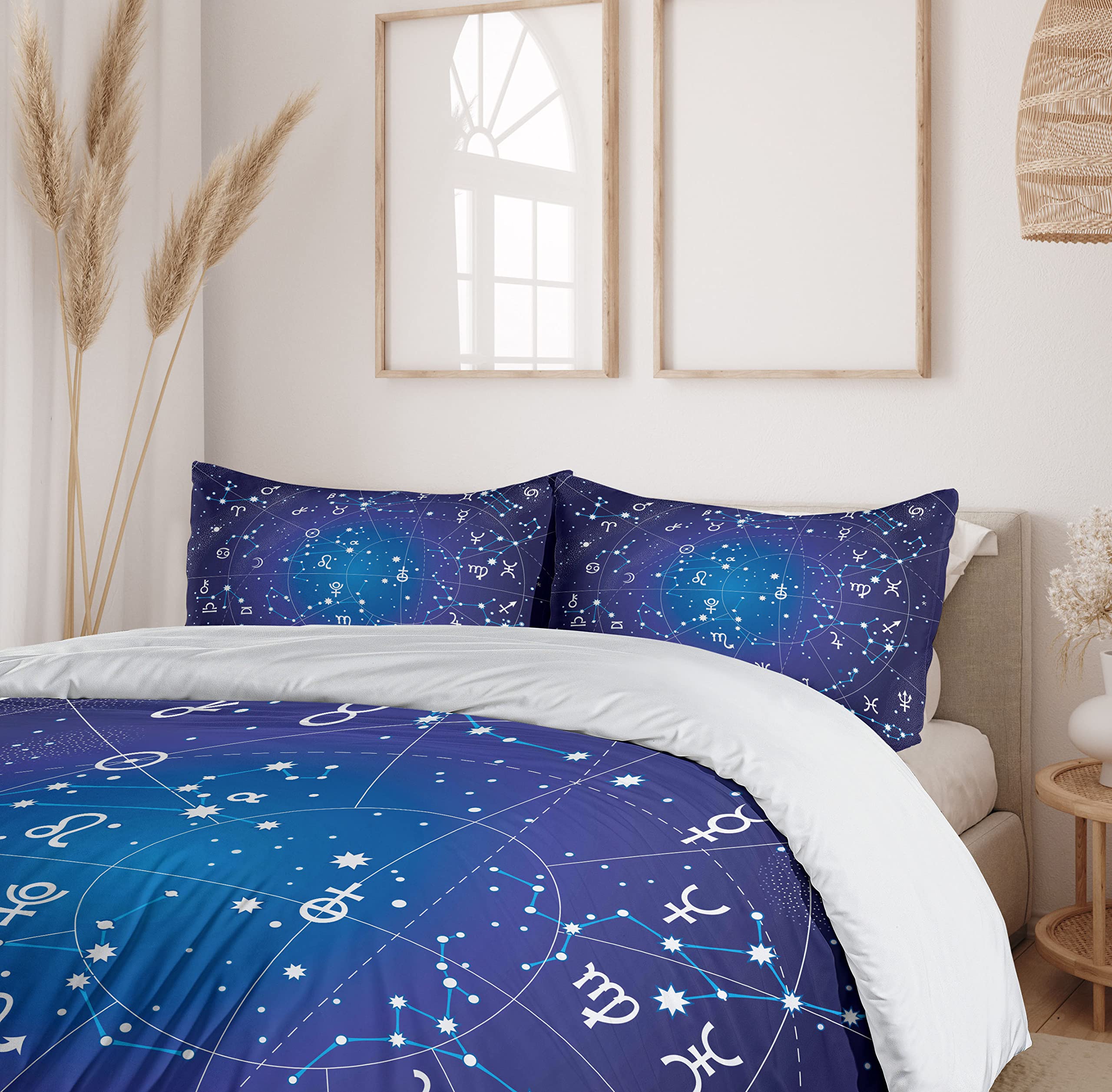 Ambesonne Astrology Duvet Cover Set - Zodiac Constellations & Planets Celestial Pattern, 3-Piece Bedding Set with 2 Pillow Shams, California King Size, Dark Blue - Perfect for Astronomy Lovers' Bedroom Decor & Gift Ideas
