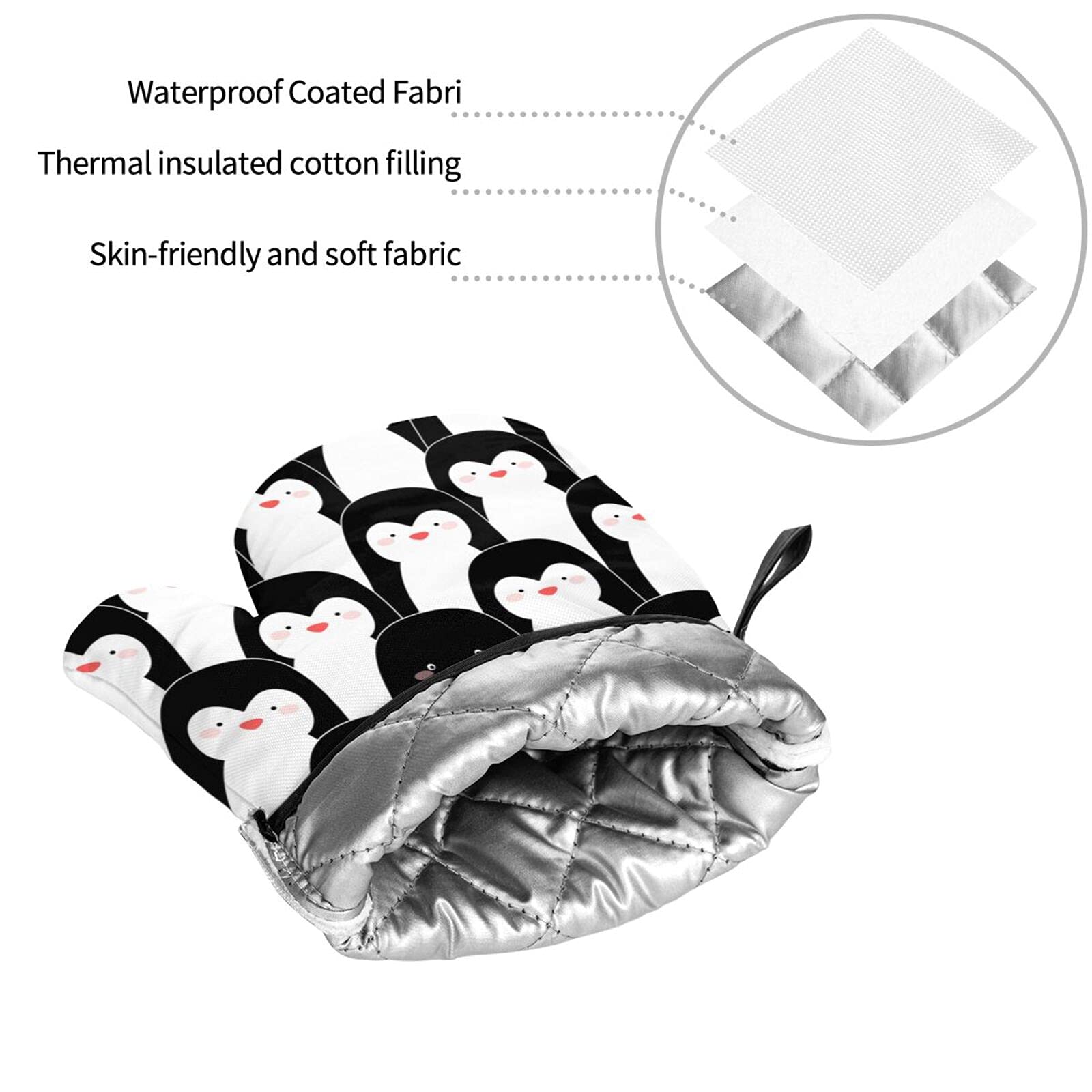 Cute Penguins Print 4-Piece Oven Mitts and Pot Holders Set - Heat Resistant, Non-Slip Kitchen Gloves with Inner Cotton Layer for Cooking, Baking, BBQ & Grilling - Perfect for Holiday Gifts, Housewarming & Kitchen Decor