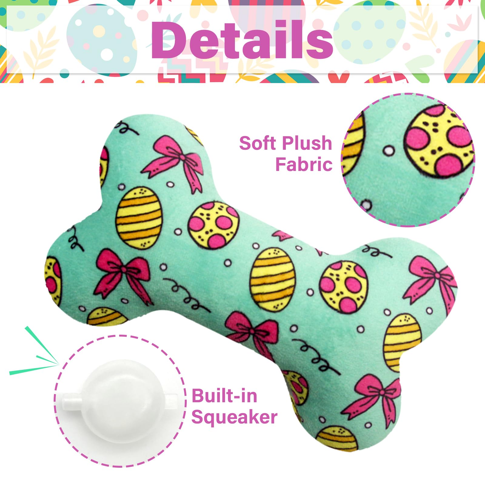 Easter Dog Toys 4 Pack - Plush Squeaky Bone Chew Toys for Small & Medium Dogs - Interactive Pet Gifts for Easter Basket & Spring Playtime