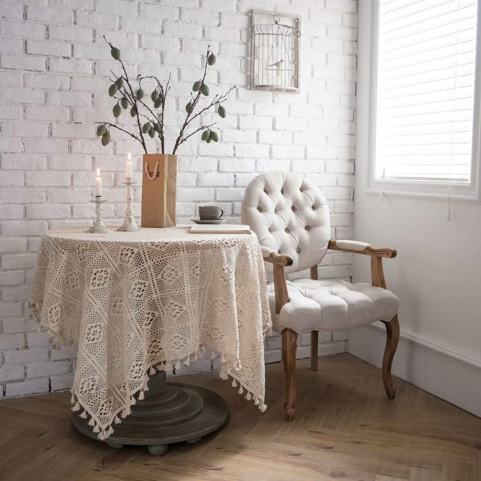 YQ Park Classic White Wedding Lace Tablecloth - Vintage Embroidered Lace Overlay for Rustic Weddings, Vintage Receptions & Boho Party Decor - Perfect for Spring/Summer Outdoor Events, Bridal Showers & Garden Parties