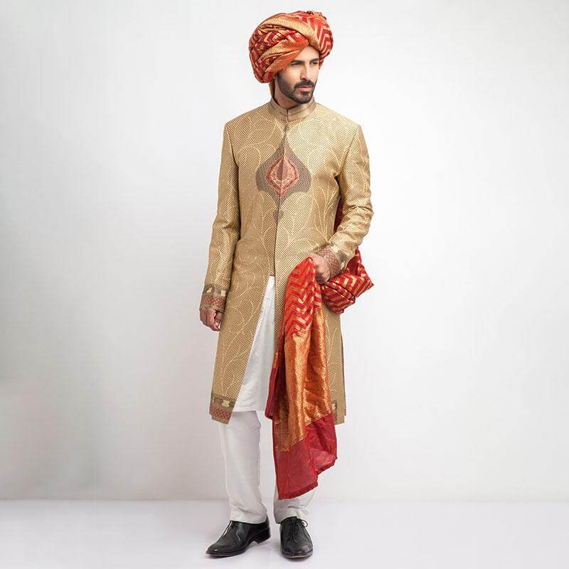 Antique Gold Grey Red Brocade Sherwani for Men - Elegant Indian Wedding Attire, Groom Outfit, Festive Occasion Wear, Cultural Ceremony Formal Dress