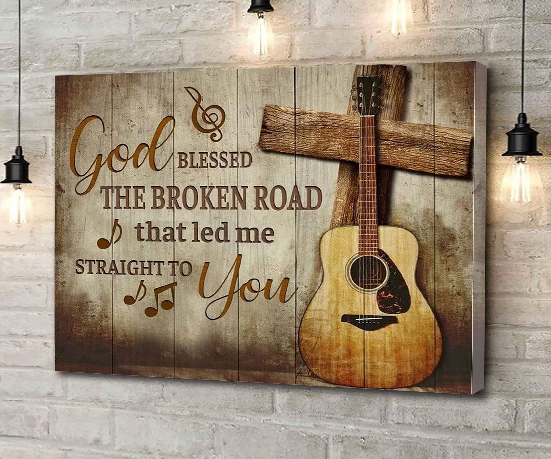God Blessed The Broken Road Guitar Canvas Wall Art - 12''x18'' Wooden Framed Inspirational Decor for Living Room, Bedroom, Office | Country Music Lover Gift, Rustic Home Decor