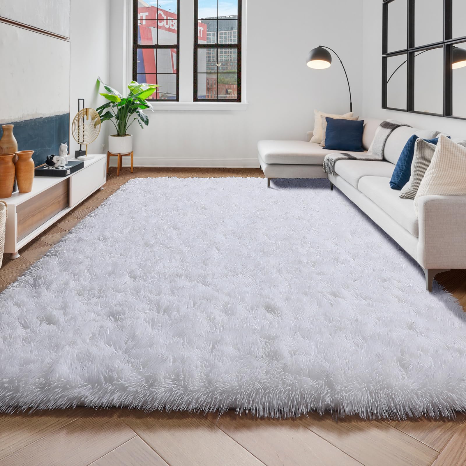 Soft White Fluffy Shag Rug 5x7 - Plush Furry Area Carpet for Living Room, Bedroom, Nursery & Kids Room - Ultra Soft Fuzzy Rug for Game Room, Play Room & Home Decor - Cozy & Comfortable Floor Mat for Relaxing & Lounging