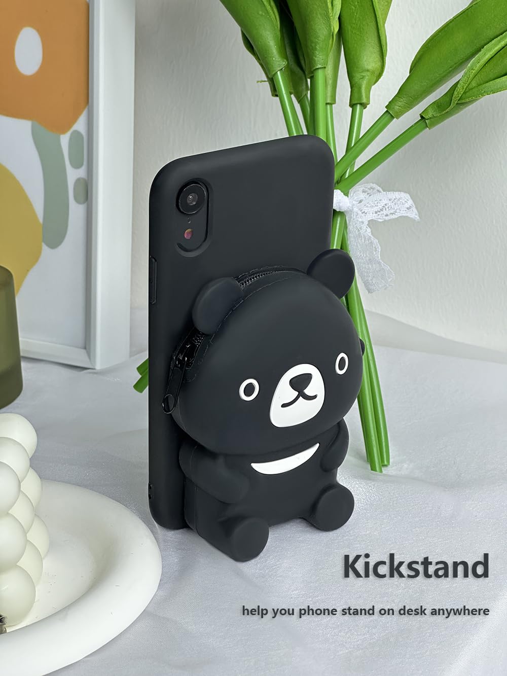 UnnFiko Cute 3D Cartoon Bear Wallet Phone Case for iPhone 11 Pro Max - Soft Silicone Protective Cover with Card Holder & Stand - Perfect for Women & Girls (Black) | Great for Everyday Use, Shopping & Travel