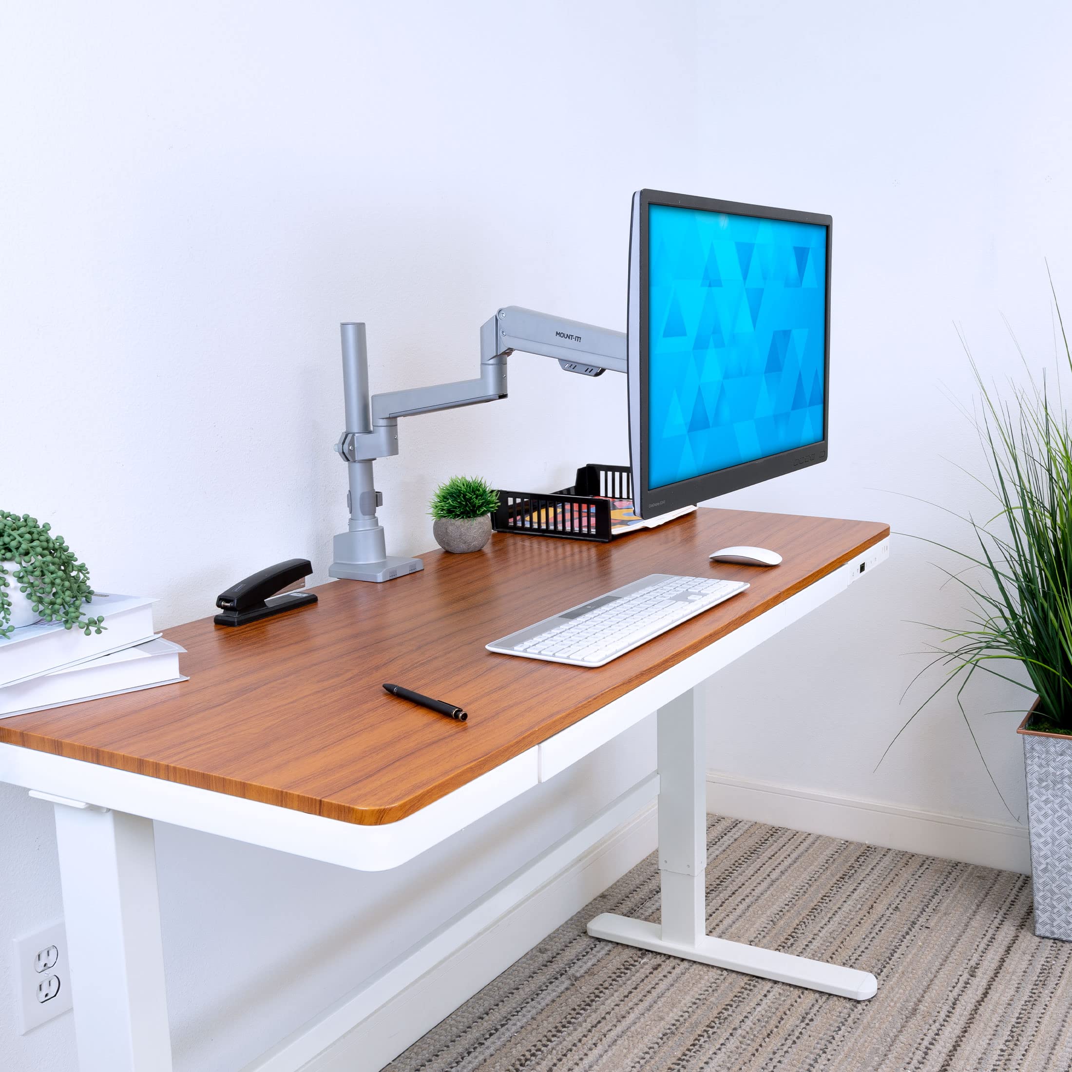 Mount-It! Premium Adjustable Single Monitor Desk Mount - Gas Spring Monitor Arm with Pole Mount | Silver Computer Display Riser for Home & Office Workstations | Ergonomic Height Adjustment for Comfortable Viewing