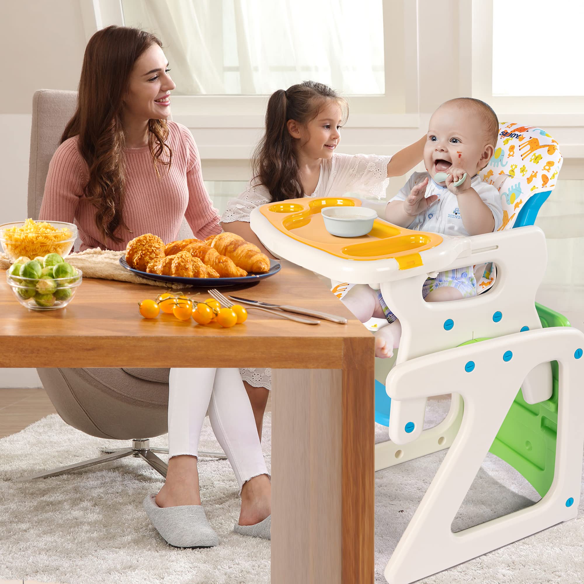 Adjustable Baby High Chair with Detachable Cushion & Double Removable Trays - Safe Toddler Feeding Seat for Infants 6-36 Months - Easy Clean Green Highchair for Home, Restaurant & Daycare Use