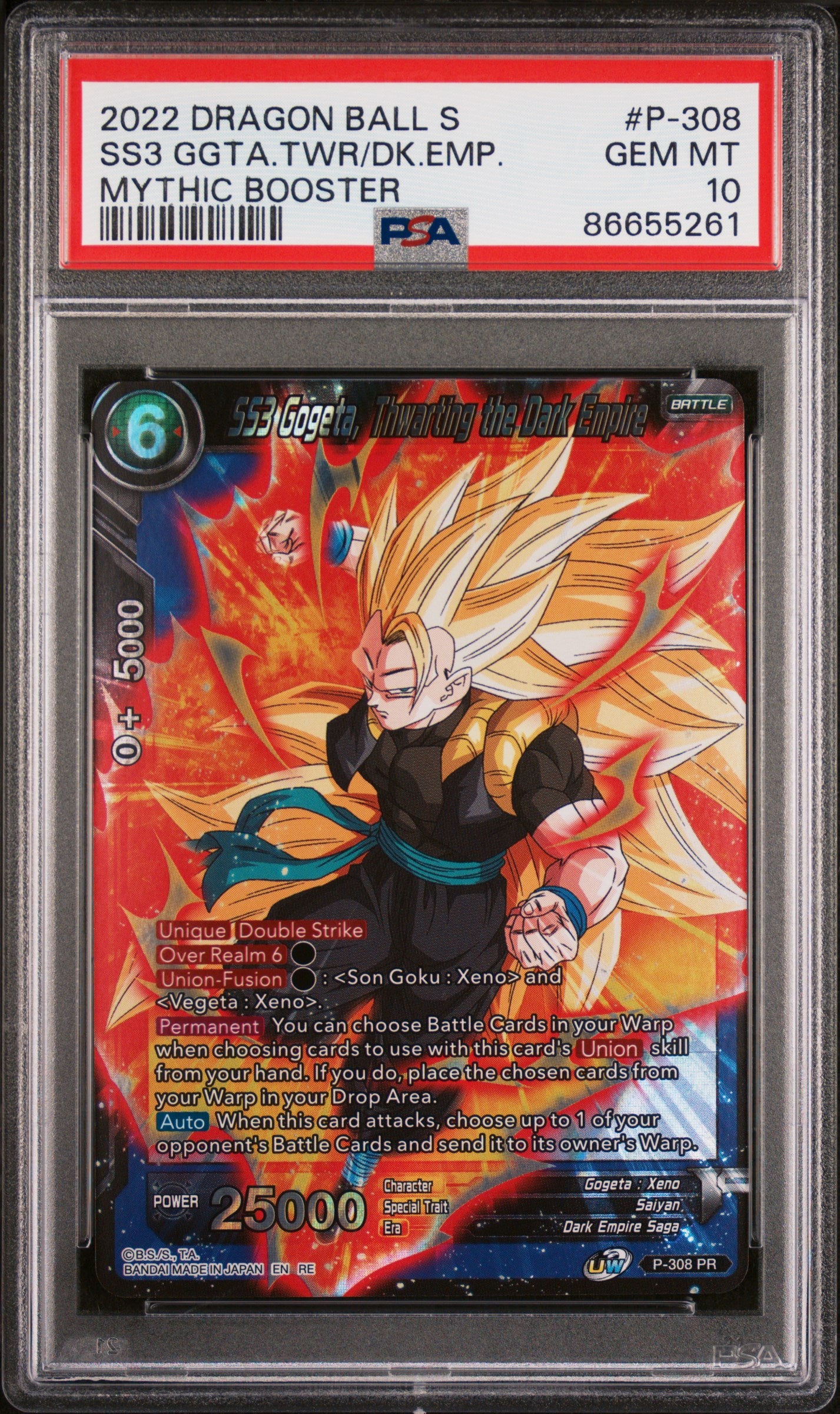 2022 Dragon Ball Super Mythic Booster SS3 Gogeta THWRT/EMP #P308 PSA 10 Graded Card - Perfect for Collectors, Gaming Tournaments & Anime Fans Display