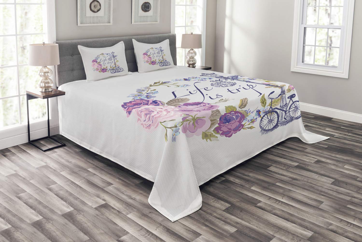 Ambesonne Shabby Chic Floral Bedspread Set - 3 Piece King Size Bedding with 2 Pillow Shams, Vintage Floral Wreath & Bicycle Design, Multicolor Bohemian Decor | Perfect for Master Bedroom, Guest Room & Boho Home Decor