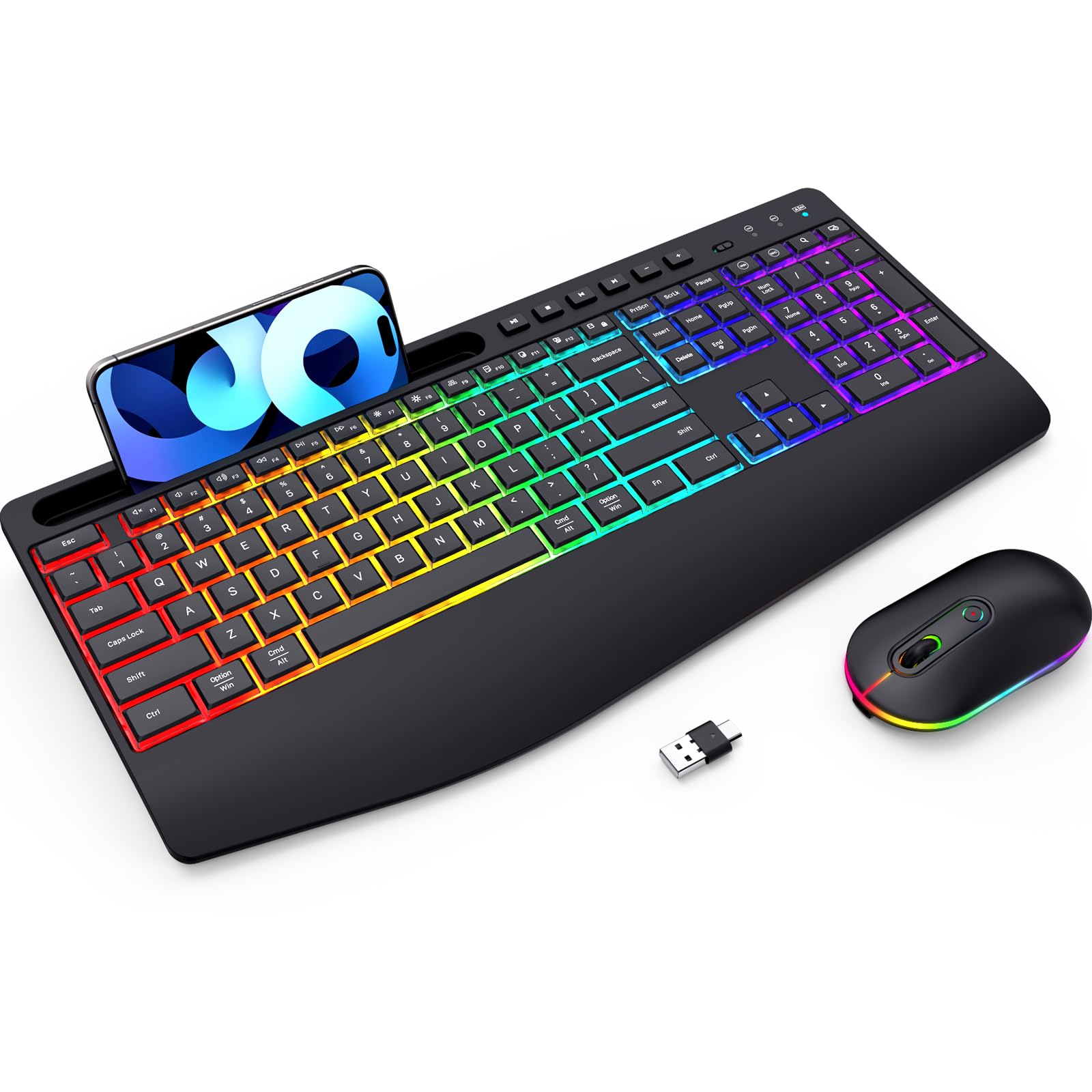 RGB Backlit Wireless Keyboard and Mouse Combo - 2.4G Rechargeable Full-Size Ergonomic Set with Phone/Tablet Holder | Silent Typing for PC, Laptop, Office & Gaming Use