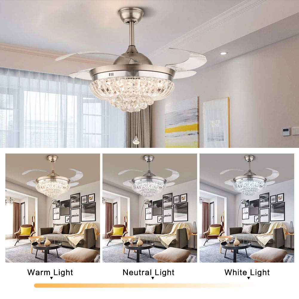 36/42-Inch Modern Invisible Retractable Ceiling Fan with LED Light - 3 Color Dimmable Crystal Chandelier Fan, 4 Retractable Blades for Living Room, Bedroom & Dining Room (36 inch Silver)