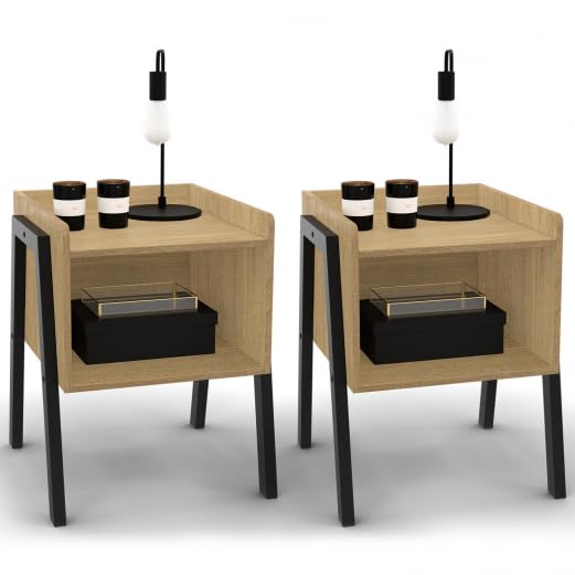IDMarket - Set of 2 DALAT Nightstands with Wood Shelf & Black Metal Legs, Industrial Design - Perfect for Bedroom, Living Room or Office Furniture