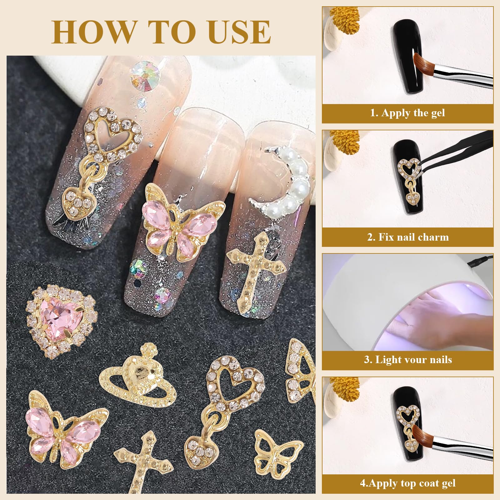 64Pcs 3D Gold Butterfly & Heart Nail Charms - Luxury Nail Art Decorations for Acrylic Nails, Manicure Designs - Perfect for Bridal, Party & Salon Nail Art Accessories
