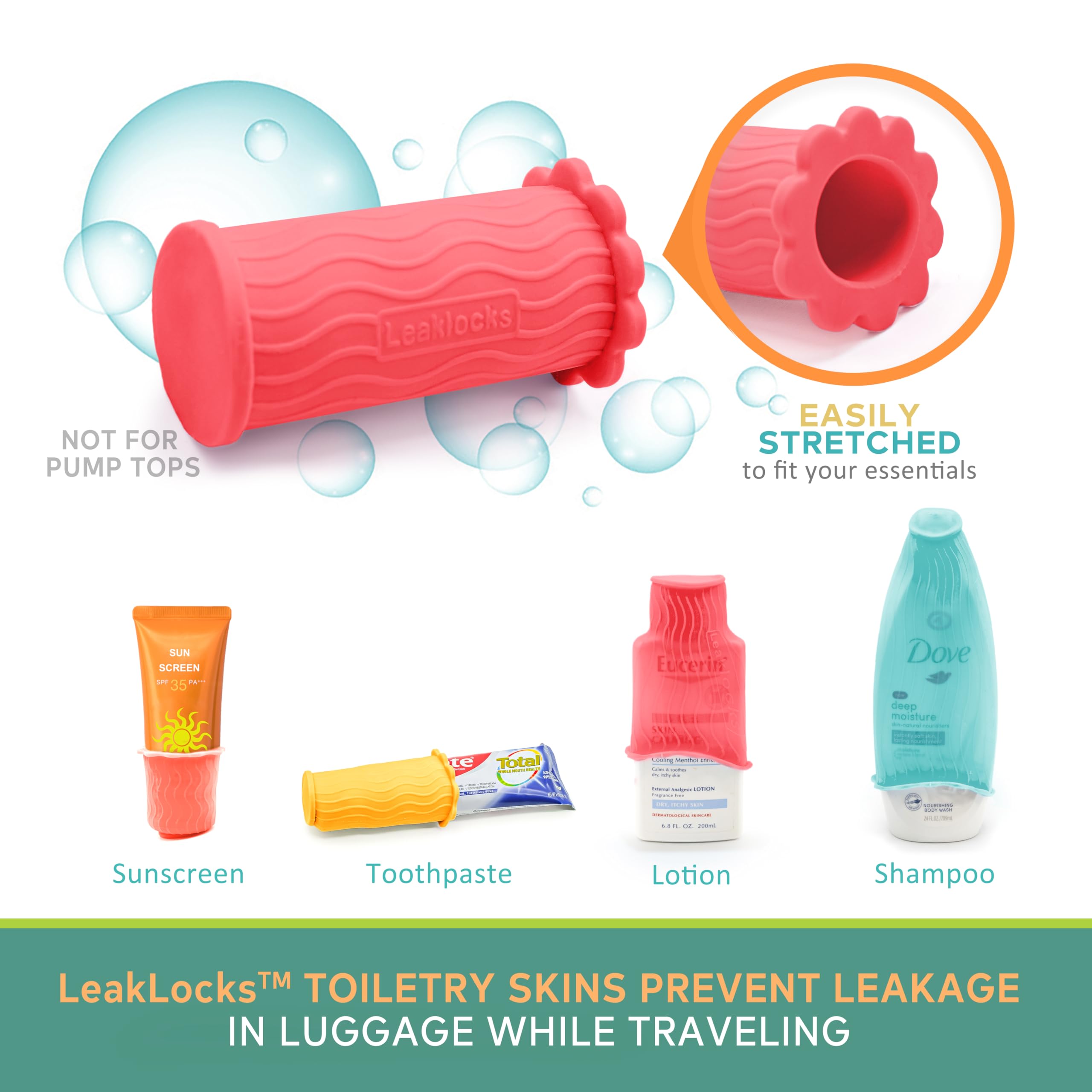 LeakLocks® Toiletry Skins™ Elastic Sleeve - Leak Proof Travel Container Cover for Standard & Travel Size Toiletries | Reusable Luggage Accessory for Suitcase, Carry-on & Travel Bags | Perfect for Airplane Trips, Camping & Business Travel