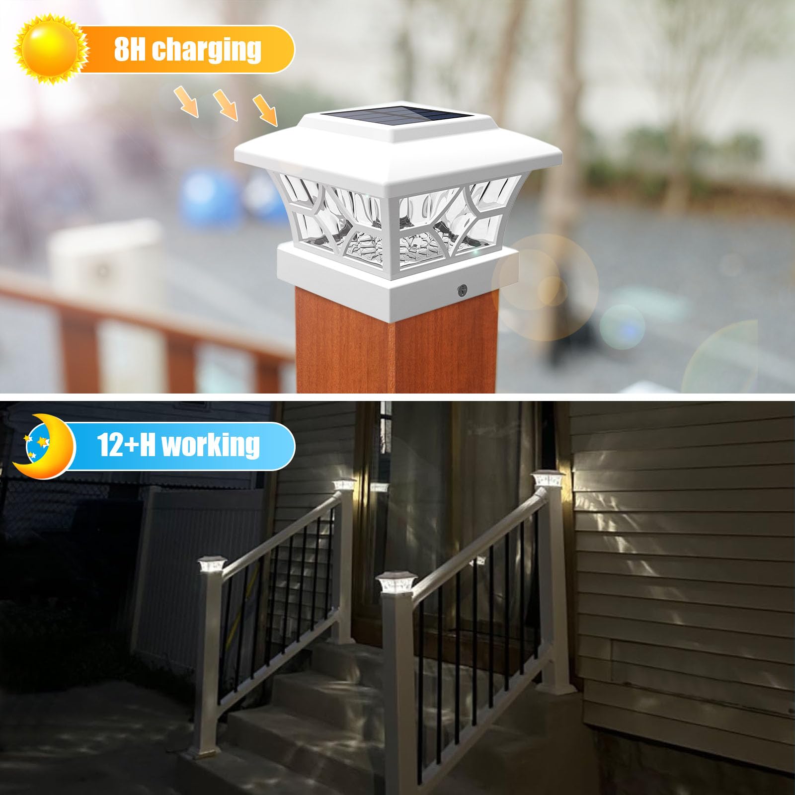 VOLISUN Solar Post Cap Lights Outdoor - 4 Pack Waterproof Solar Powered Fence Lights for 4x4 Vinyl/Wood Posts, Cool/Warm White LED Deck Lighting for Garden, Patio, Porch, Pathway & Backyard Landscape Lighting